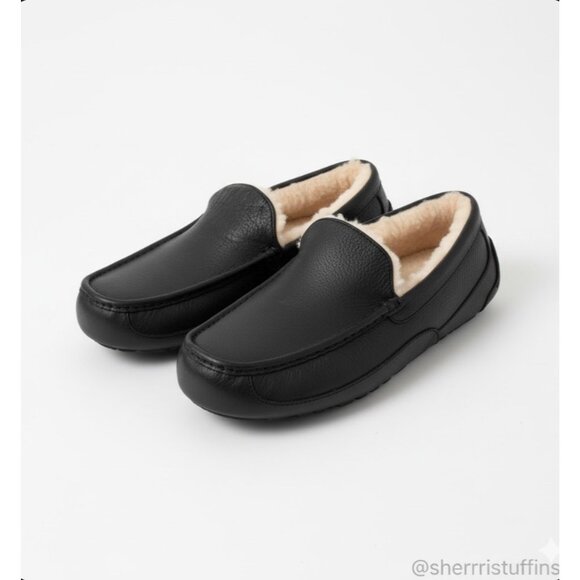 NWOT Mens UGG Ascot Leather Slippers Black Sheepskin Indoor/Outdoor Sole 14 - Picture 1 of 12